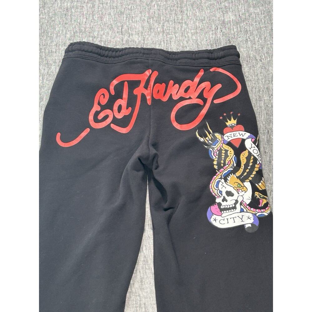 Ed Hardy Sweatpants Womens Large 32" Black Fleece Flare Y2K Tattoo Streetwear - Picture 14 of 15